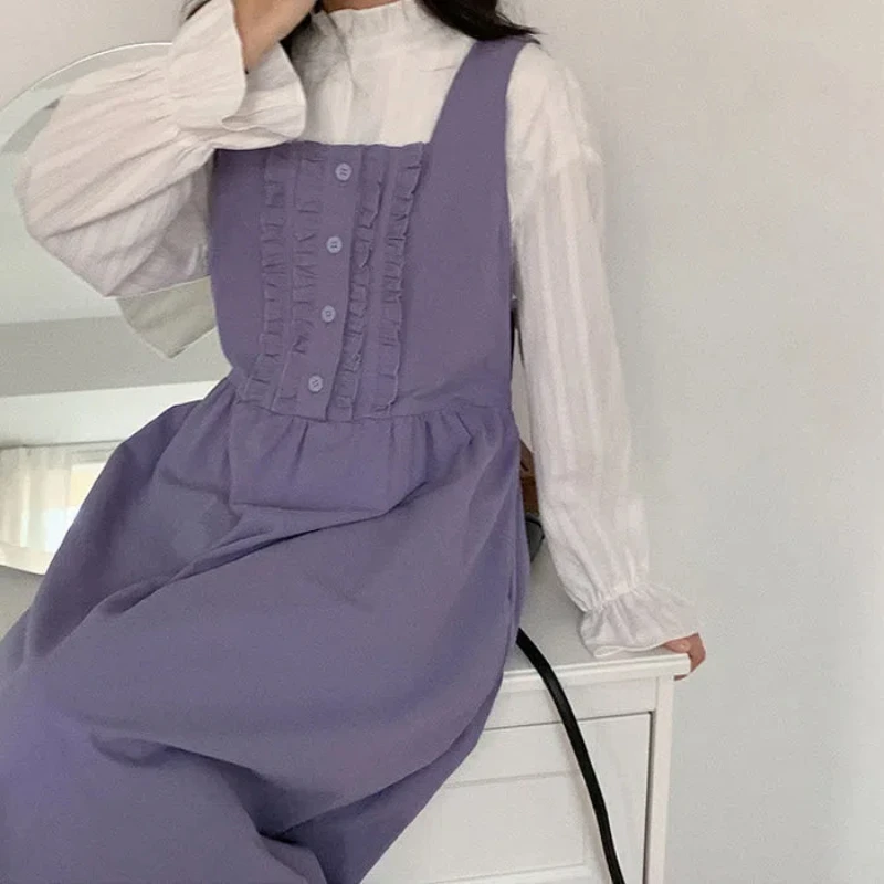 Korean Loose Japan Style Age Reduction Solid Color Sweet Strap Dresses Polo-Neck White Long Sleeve Office Lady Suit Female Tops