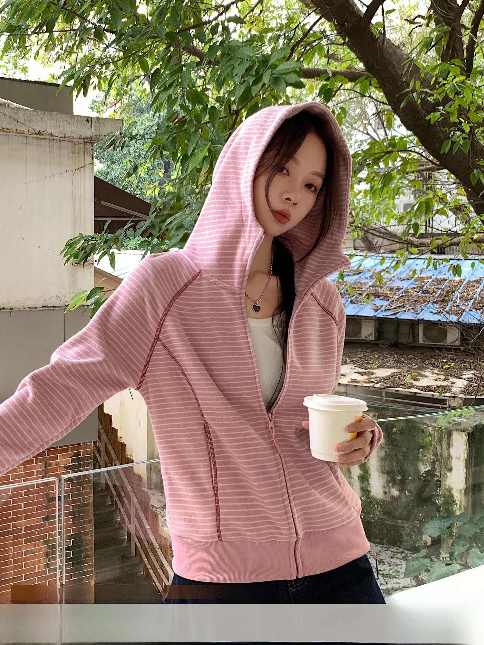 

Slimming Striped Hooded Open Cardigan Women's Sweatirt oulder Insertion Loose Fit Long Sve Polyester Blend Spring Oute...