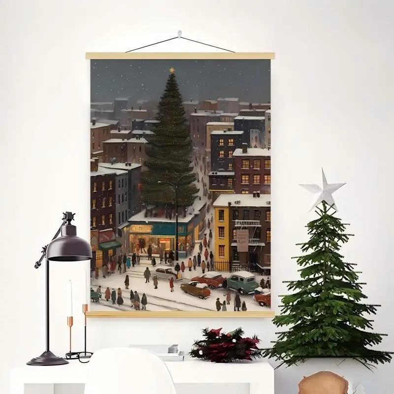 VIKAMA Wall Tapestry Snowy City Street Christmas Tree Red Brick Building Night Winter Home Decor Living Room Bedroom Dorm Print