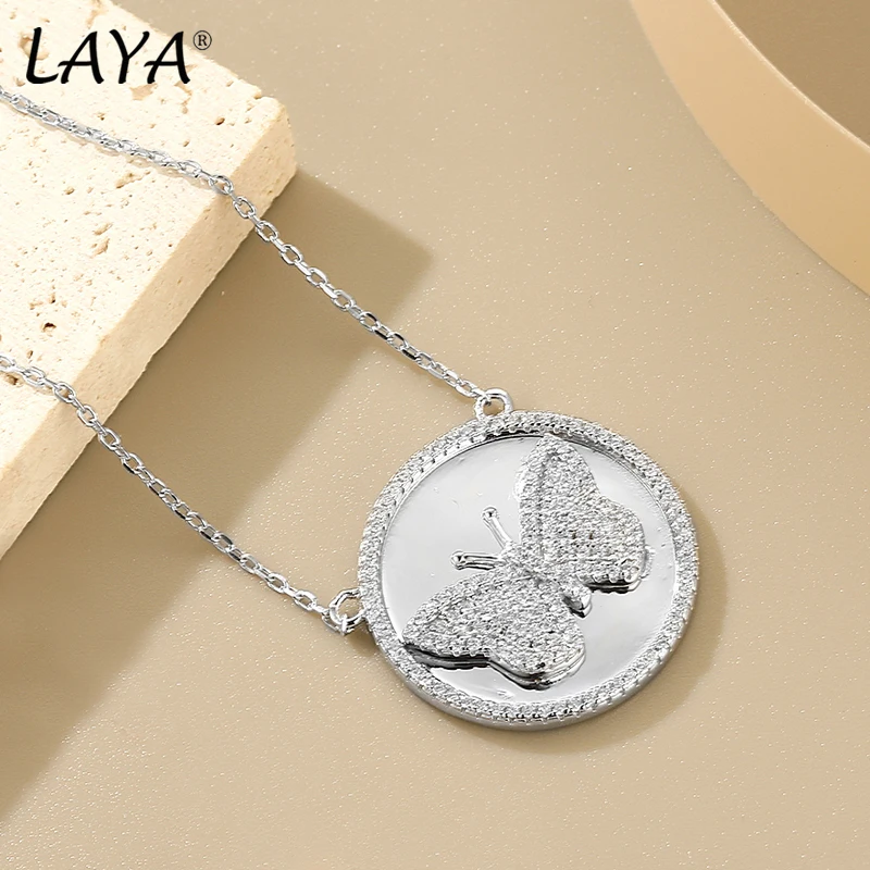 LAYA 100% 925 Sterling Silver Butterfly Unique Design Plain Silver Shining Zircon Round Necklace For Women Original Jewelry