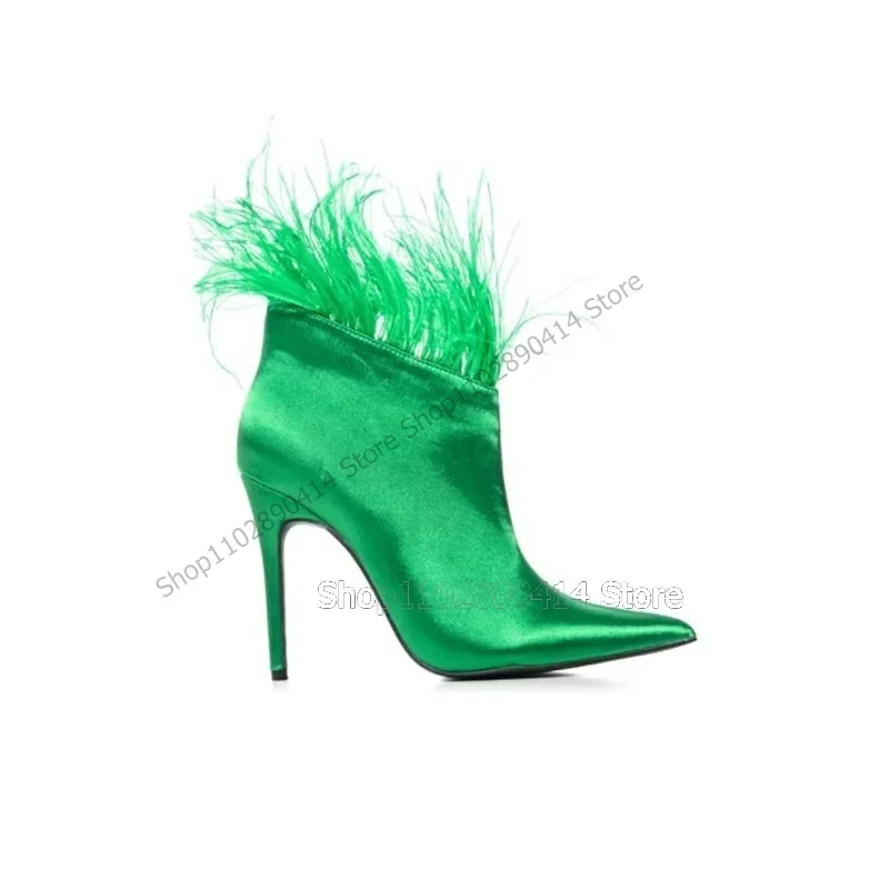 

Feather Decor Green Giltter Ankle Boots Side Zipper Women Shoes Thin High Heels Pointed Toe Fashionable 2023 Zapatos Para Mujere