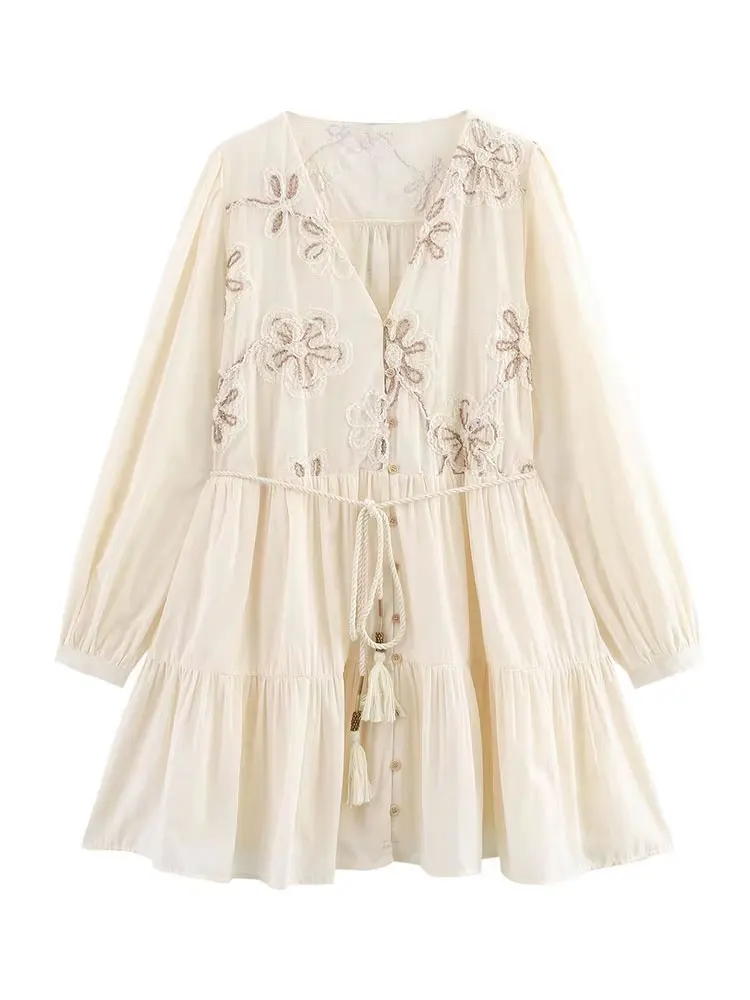 HH أنثى عطلة الشاطئ بوهو الأزهار التطريز فساتين صغيرة أزياء طويلة الأكمام الخامس الرقبة مطوي الدانتيل يصل فساتين أنيقة