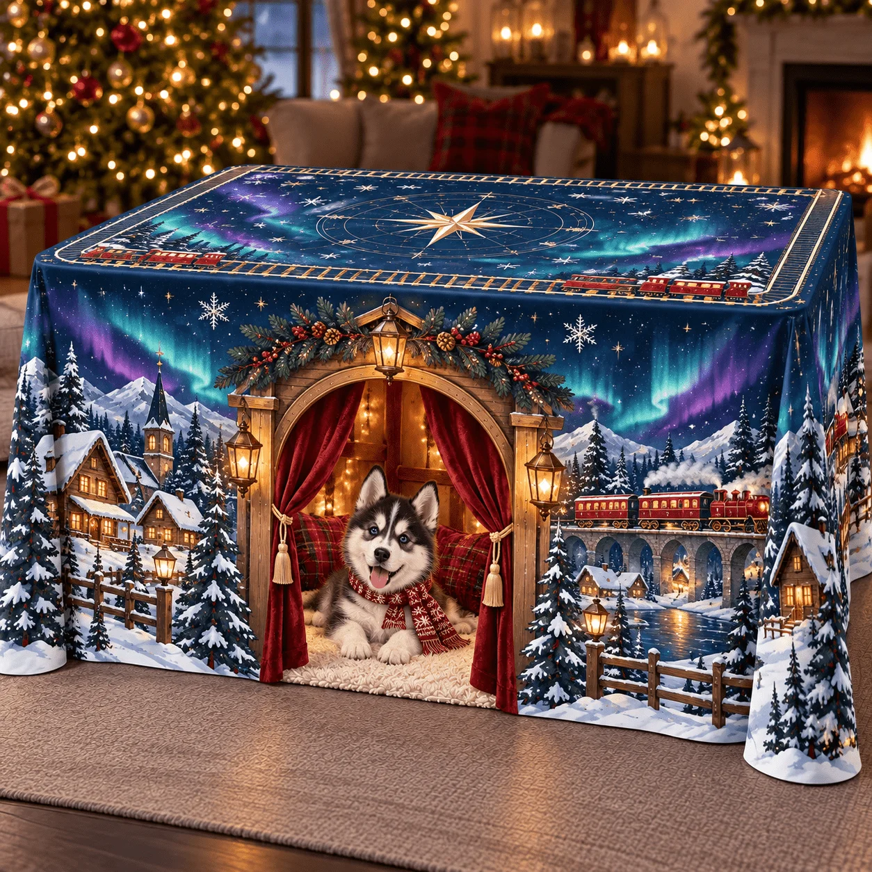 1 dog door tablecloth, Aurora Snow Village puppy printed polyester tablecloth, cute husky with Christmas train