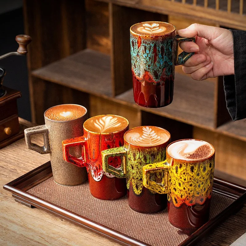1pcs Creative Ceramic Glazed Barrel Shape Beer Cup Japanese Kiln Style Coffee Cup Latte Art Retro Latte Cup Home Outdoor Mug