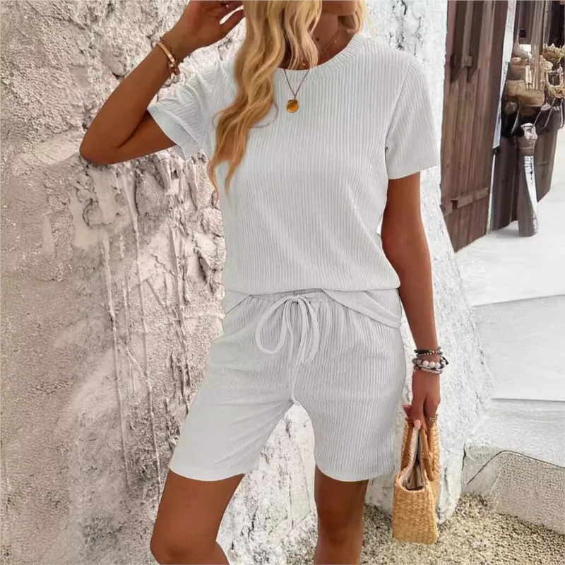 

Casual solid color round neck T-shirt and drawstring shorts sports style set 2025 summer new elegant and minimalist home wear