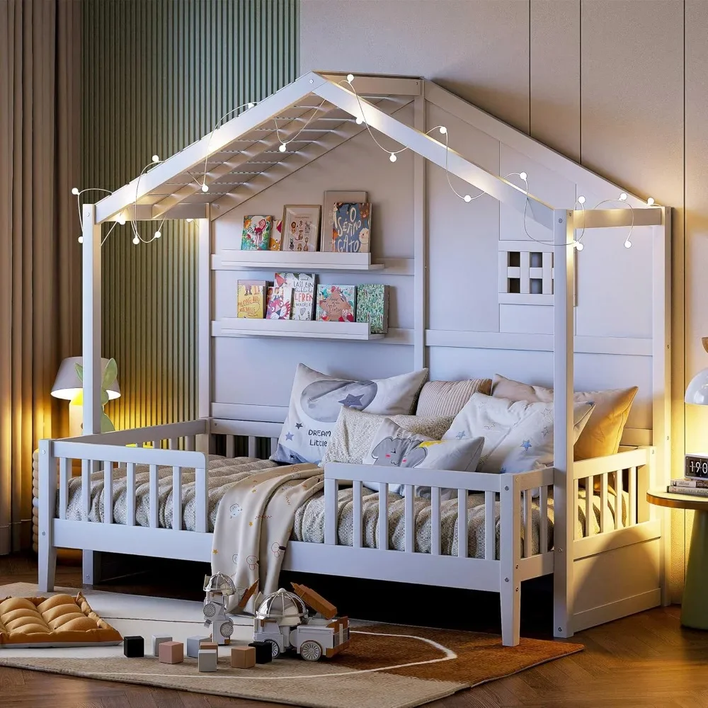 

Twin Size House Bed with Storage Shelves and Fence,Sparkling Light Strip on The Roof for Children Teens Adults