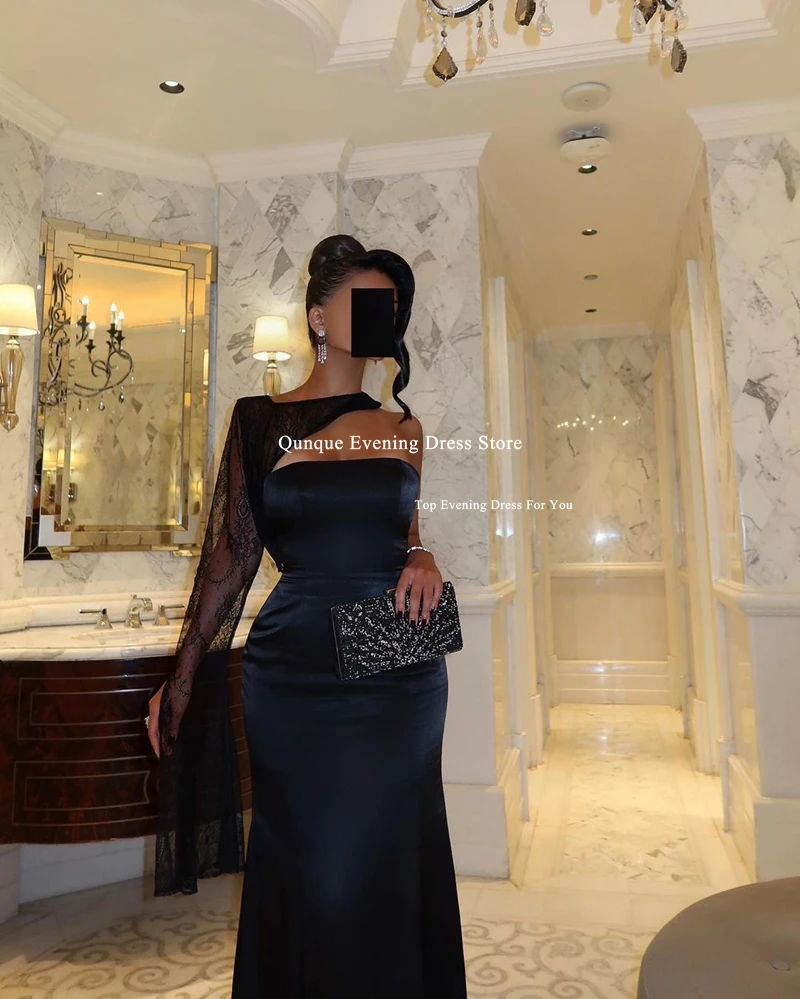 فساتين Qunque بكتف واحد وأكمام من الدانتيل للحفلات الراقصة باللون الأسود حورية البحر فساتين سهرة من Vestidos De Gala Festasin للمناسبات ا