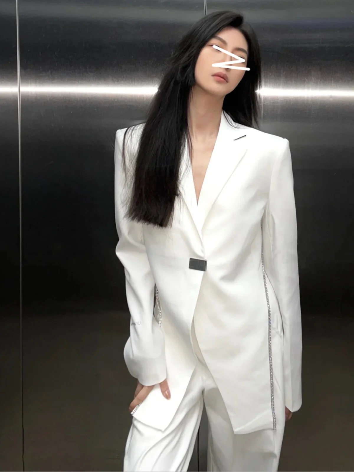 

Spring Summer Diamond Embellied High Waist Wide Leg Suit Jaet And Pants Set Waist Cinched Street Sle Design Bal