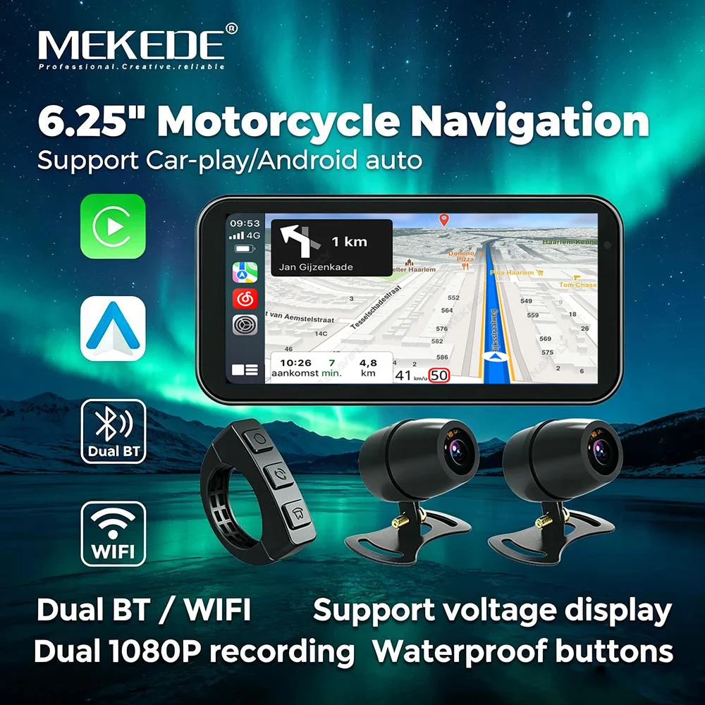 MEKEDE Navigation GPS portable pour moto 6,25 pouces, Carplay sans fil, Android Auto, enregistreur de conduite, moniteur moto, étanche IP67, double DVR en option