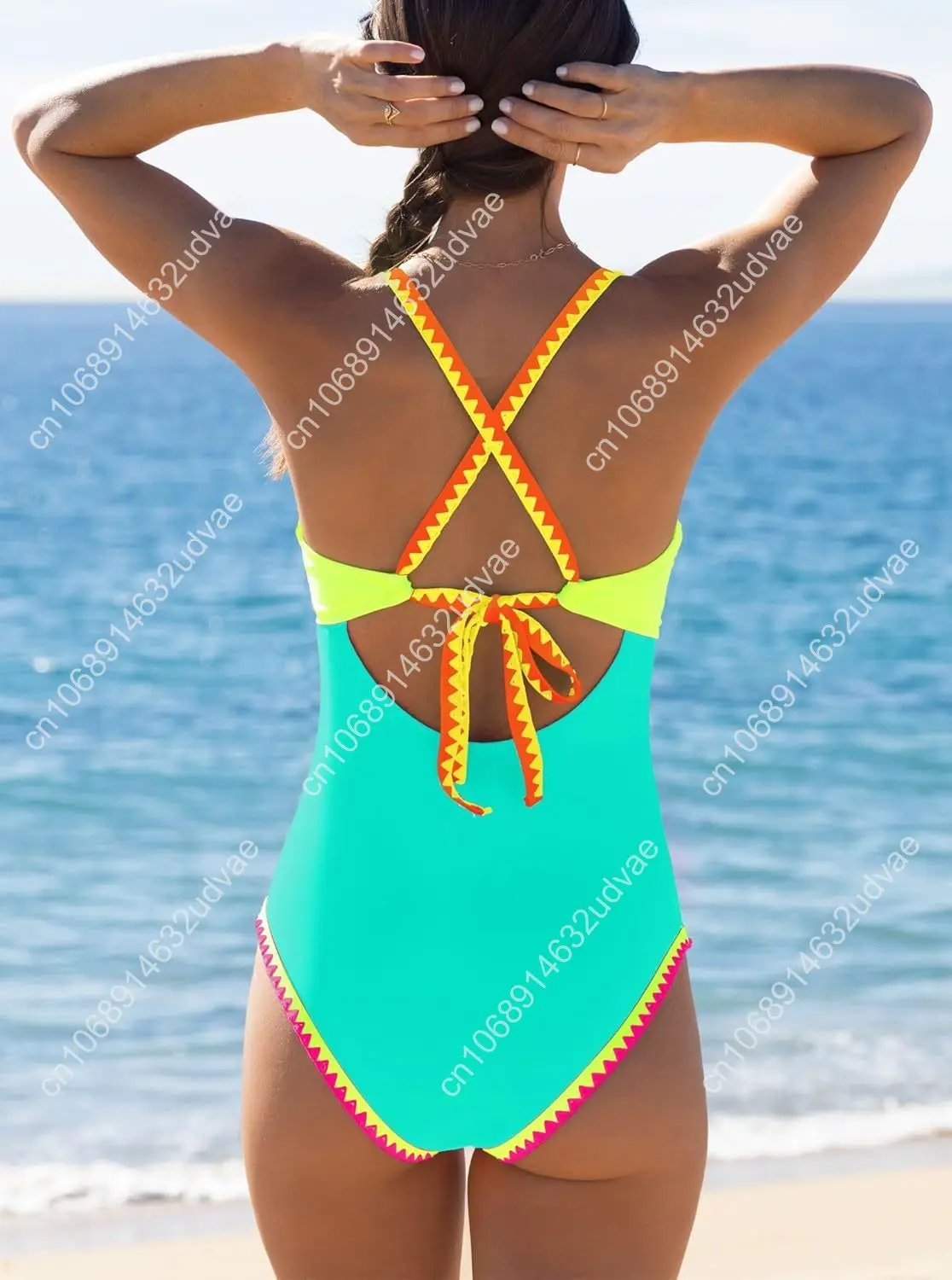 Popvil néon couleur bloc une pièce maillot de bain pour femmes ventre contrôle col en V maillot de bain plongeant coquille garniture maillots de bain cravate dos