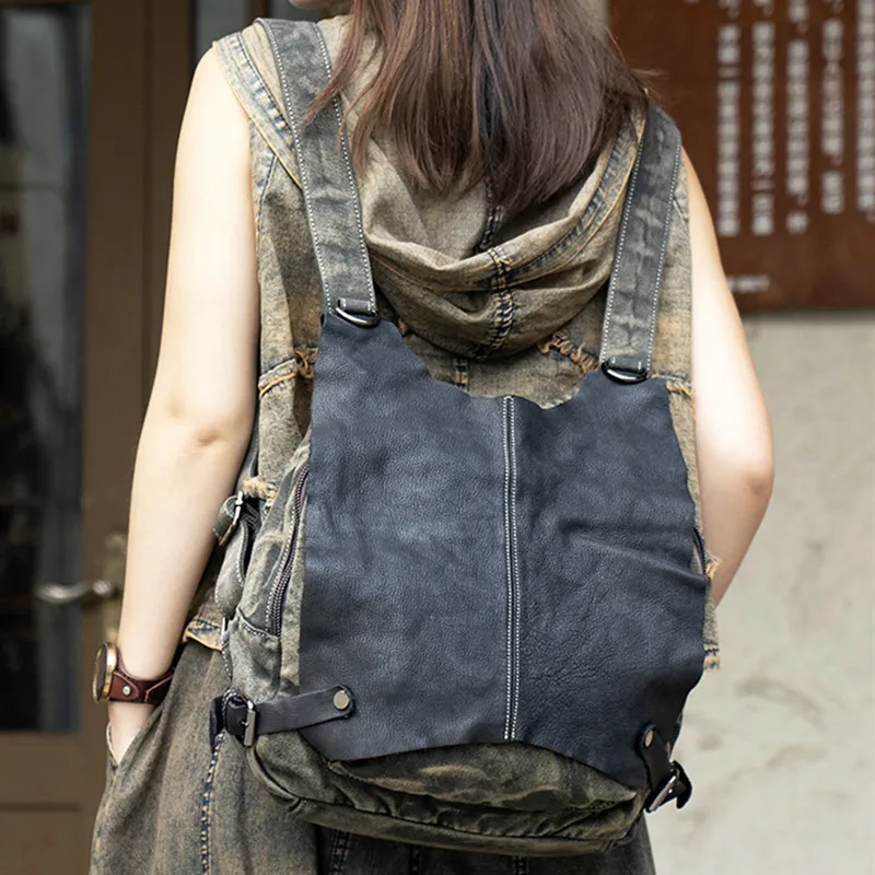 Retro Canvas With Genuine Leather Women's Backpack Handbag Shoulder Crossbody Bag 2025 New Travel Commuter Leisure Bags Portable