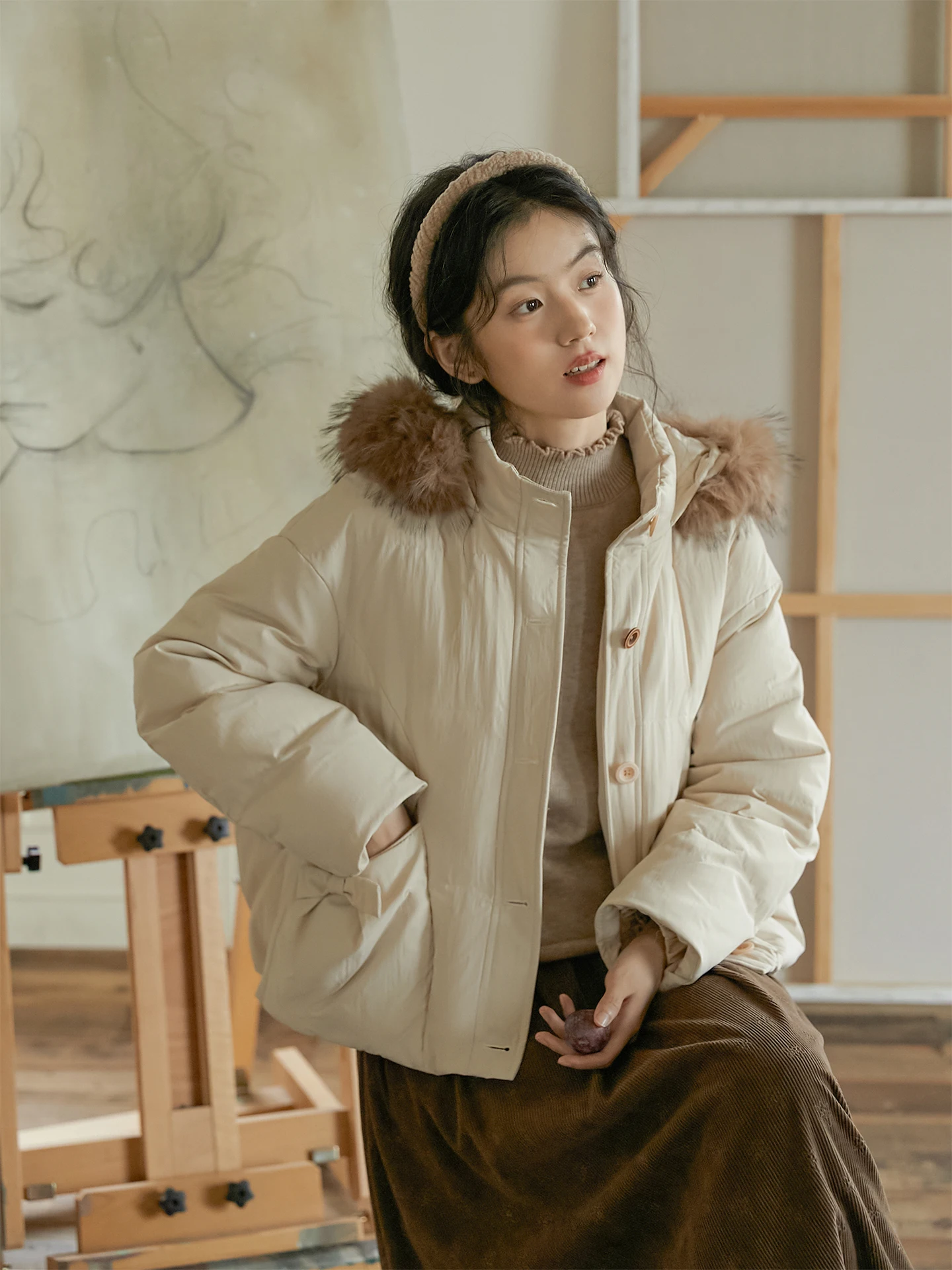 

Женская короткая пуховая куртка Nesoulum New National Stand цвета хаки с меховым воротником и капюшоном, винтажная, свободного кроя, зимнее пальто