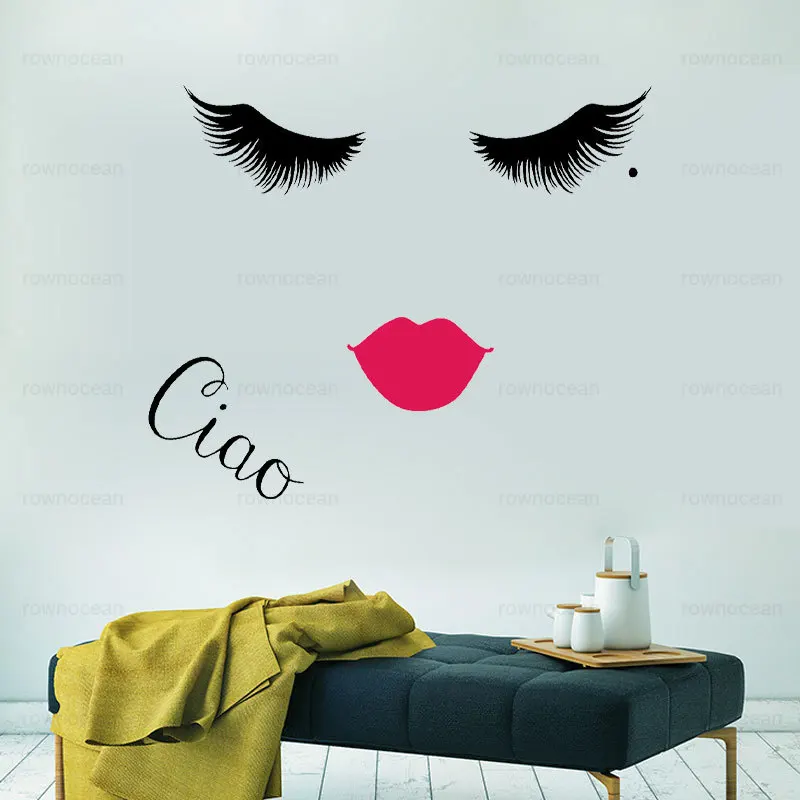 

Beauty Salon Wall Sticker Ciao Eyelashes and Lips Vinyl Decor Door Window Girl Face Lashes and Brows Decals Removable Mural G201