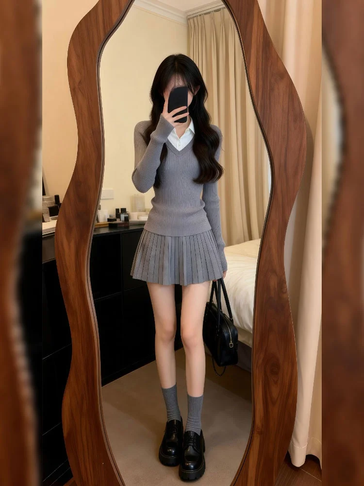 

Korean Sle ay Knitted Top And High Waist Skirt Set Women's Faion Ele Spring Outfit Collar Long Sve Ensemble