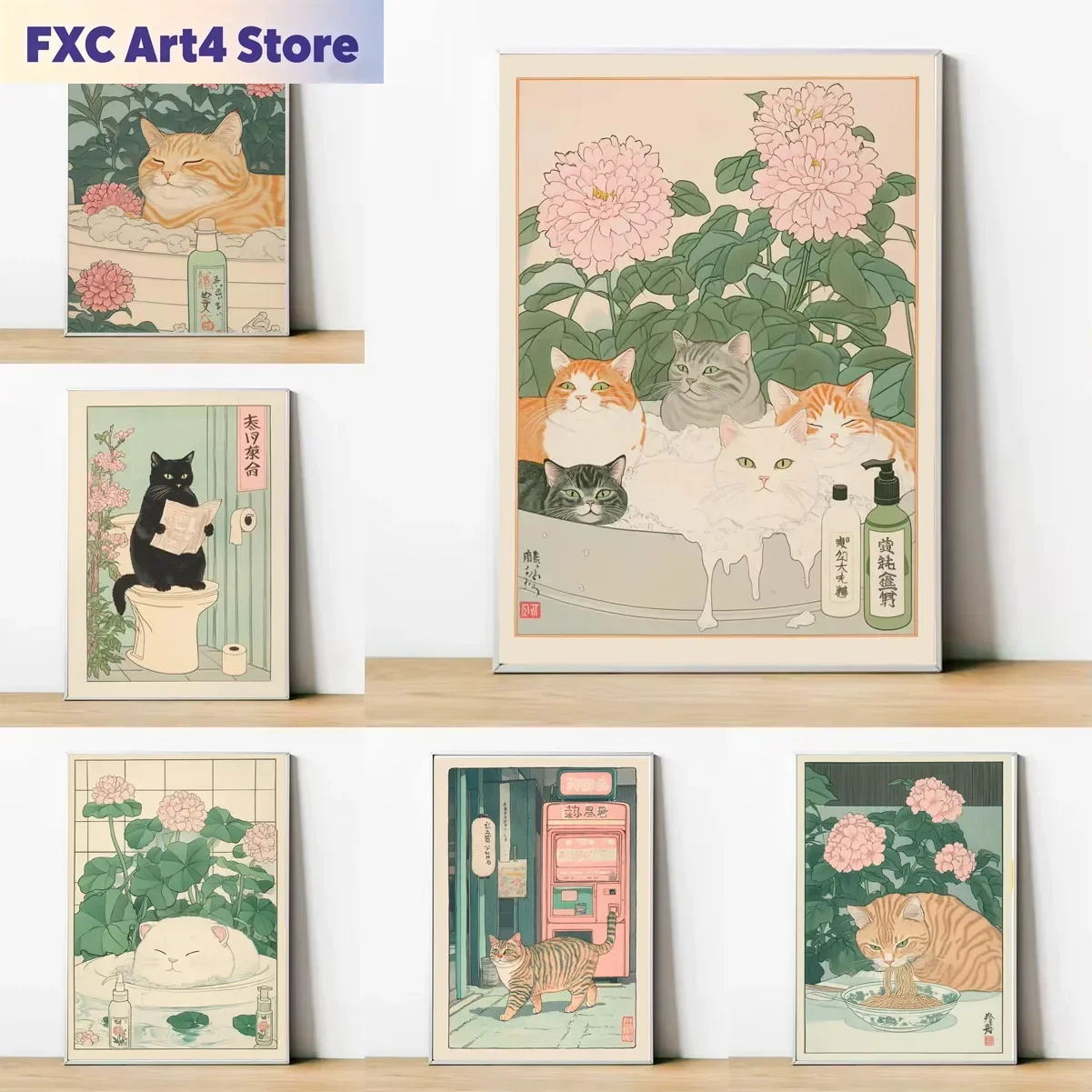 Frameless Cat in the Bathtub Japanese Vintage Classic Tiger Cat Wall Art Japanese Bathroom Toilet Poster Home Living Room Bedroo
