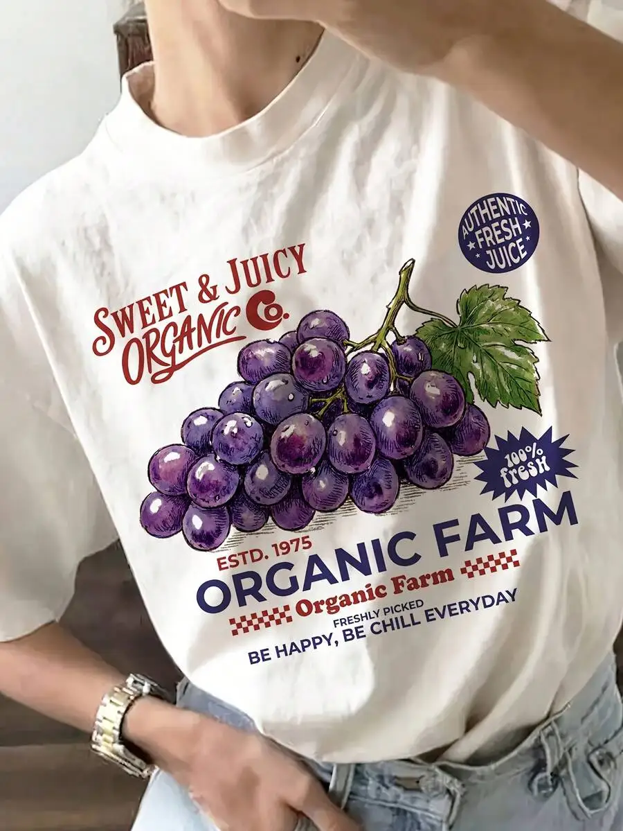 French Retro Grape Print Tee Women Niche Lazy Loose Fit Crew Neck Versatile Casual Short Sleeve Top