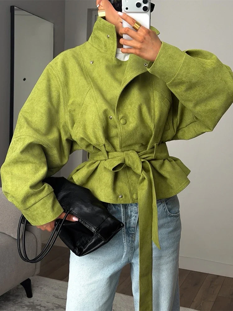 Damenmäntel mit Stehkragen, Schnürung an der Taille, kurze Windjacke, Frühlingsjacke für Damen, langärmlig, schmal geschnitten, modische neue Oberbekleidung – Detail 14