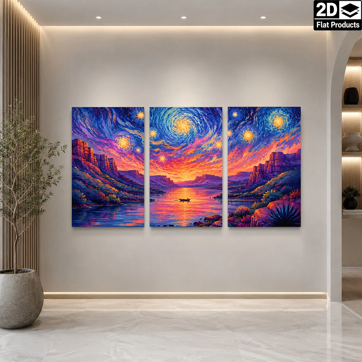 Frameless canvas 2D Flat 3PCS - A triptych of swirling starry skies over a sunset lake with mountains and a boat Themed Canva