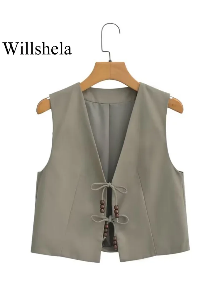 Willshela Women Fashion With Beading Army Green Lace Up Vest Sleeveless Jackets Vintage V-Neck Waistcoat Female Chic Tank Tops