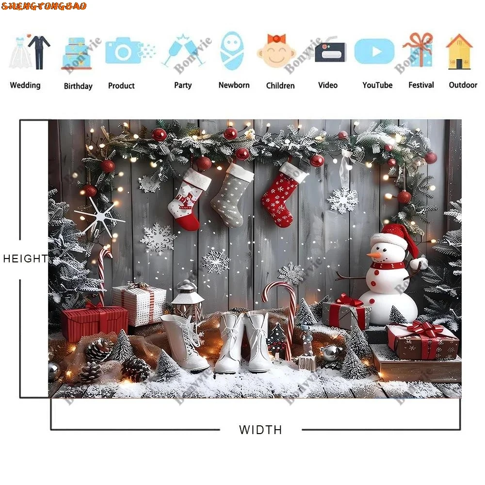 Bonvvie feliz natal pano de fundo árvore de natal presentes boneco de neve família festa decoração fundo photocall fotografia para estúdio foto