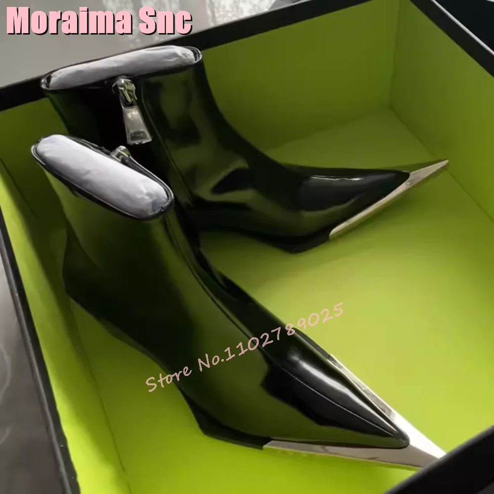 

Unique Metal Pointed Toe Ankle Boots Block Mid Heel Side Zipper Women Chelsea Boots Black Solid Sexy Fashion Ladies Shoes 2024
