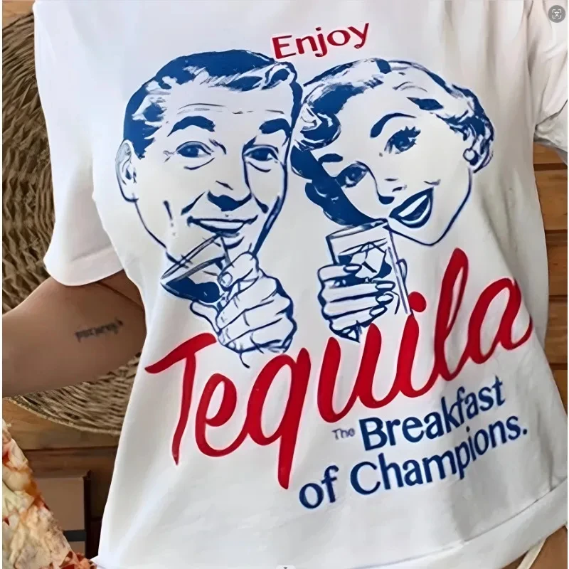 Enjoy Tequila Retro Cotton T-shirt Women's Fun Drinking O-Neck T-shirt Retro Fashion Trend Harajuku Top Unisex Couple Clothing