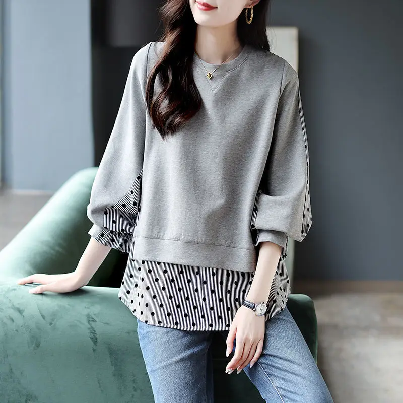 Fashion Printed Button Spliced Polka Dot Asymmetrical Blouse Women\'s Clothing 2022 Autumn Casual Pullovers Fake Two Pieces Shirt