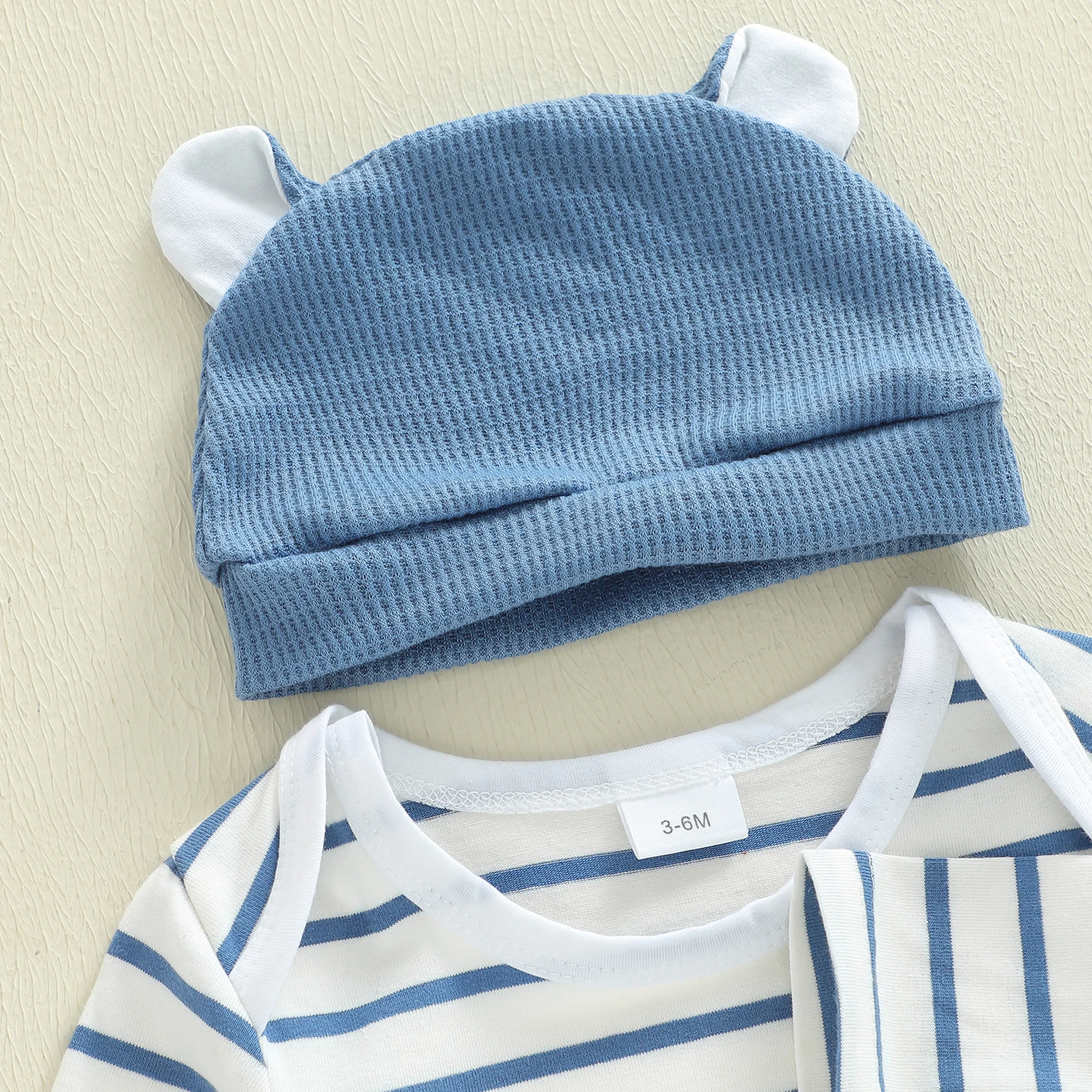 لطيف طفل الفتيان 3 قطعة مجموعات ملابس طويلة الأكمام طاقم الرقبة مخطط رومبير الفيل التطريز الحمالة السراويل طقم قبعات #5