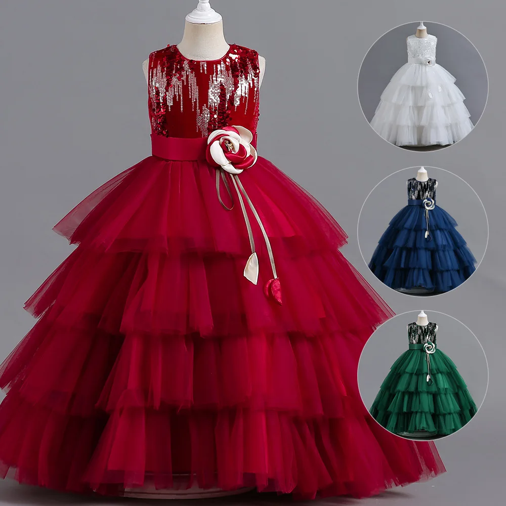 

ELBCOS 4-14T Kid Girls Sequin Flower Solid Color No-Sleeve Tiered Wrinkle Skirt Piano Organza Costumes Evening Full Dress