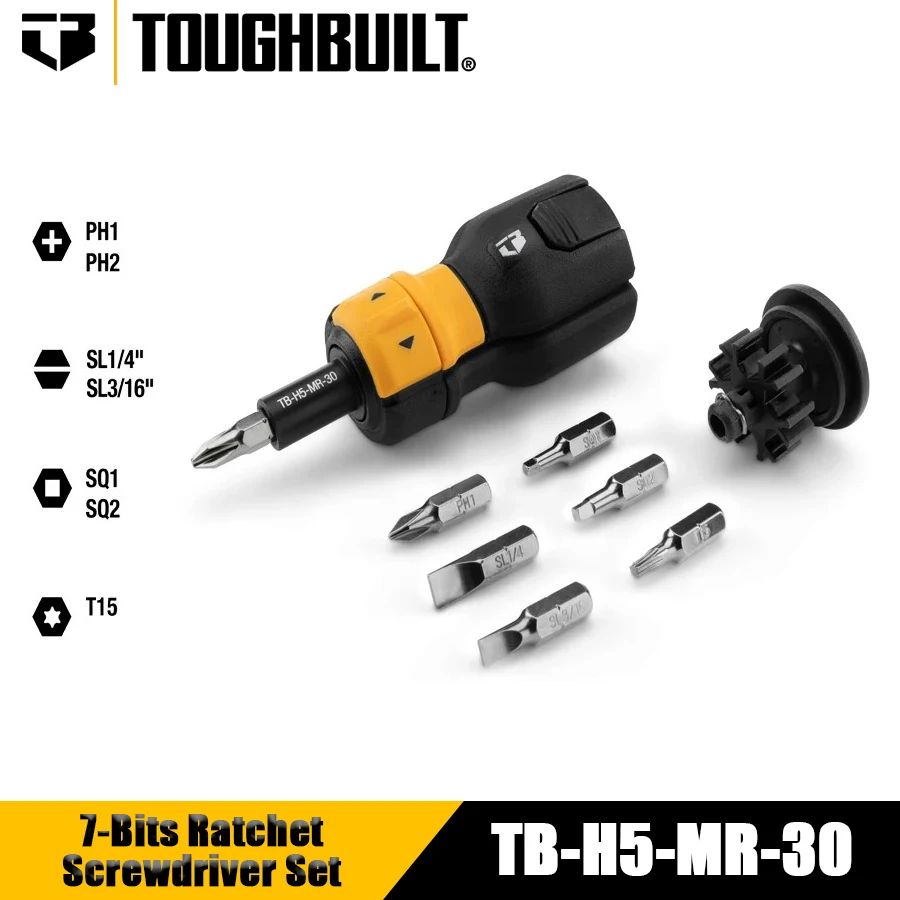 TOUGHBUILT TB-H5-MR-30 9 PCS 7-Bit Multi-Bit Ratchet Screwdriver Set with PH/SL/SQ/TORX Screws Driver Hand Tools