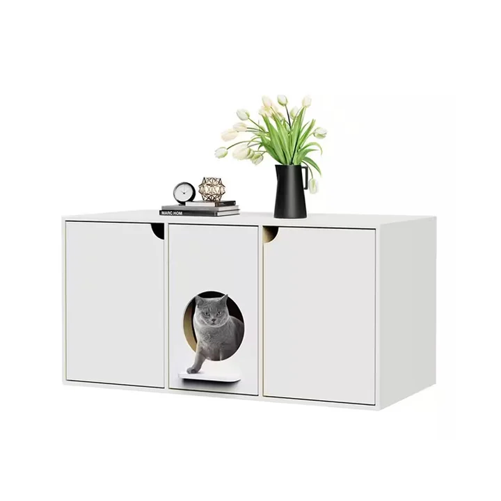 Modern Multifunctional Wooden Pet Cabinet Solid Pattern Hidden Cat Litter Box Enclosure with Storage Shelves Button Closure Type