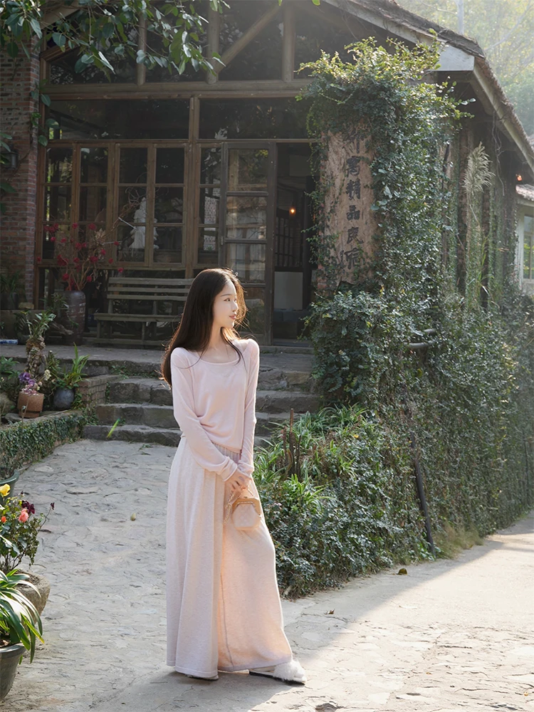 ZNG OP Women's Knitted Wide Leg Pants Skirt Pants Casual Pure Color Elastic Waist Other Material 00% Knitted Ladies Trousers