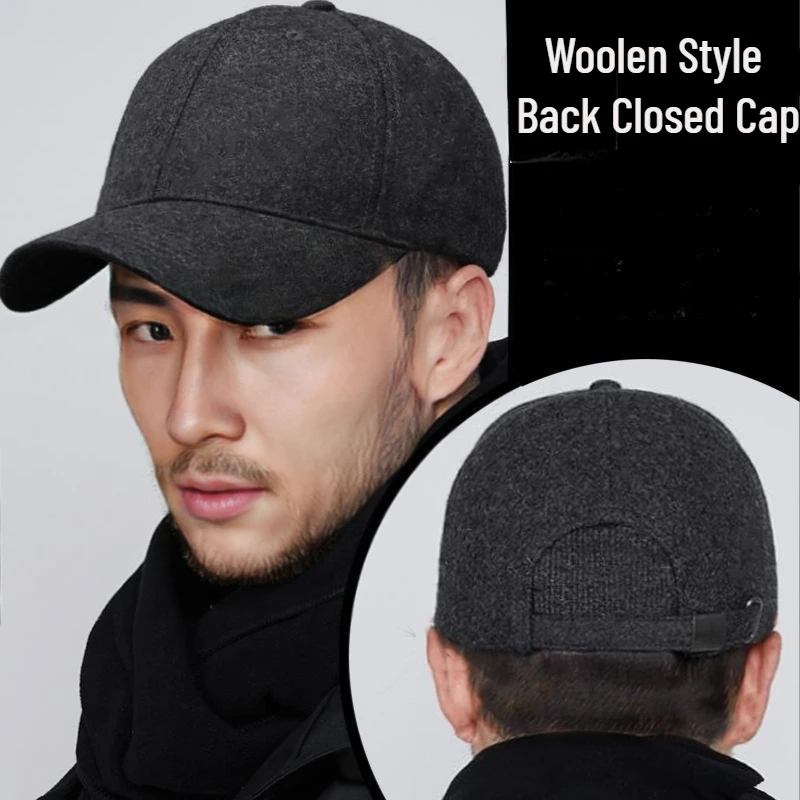 2023 Winter Hat Big Head Size Baseball Cap for Men Thick Wool Fitted Closure Trucker Hat Keep Warm Windproof Solid Color