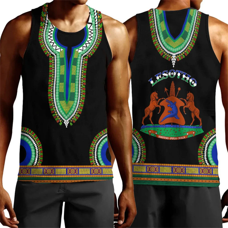 

Lesotho Map Flag 3D Print Tank Top For Men Clothes Dashiki Paisley Vest National Emblem Waistcoat Africa Country Boy Tops