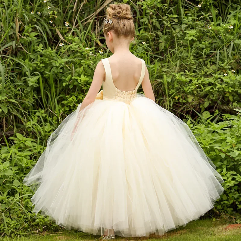 Champagne Tulle Wedding Dresses For Flower Girls Backless First Communion Dress Kids Pageant Performance Birthday Party Gown