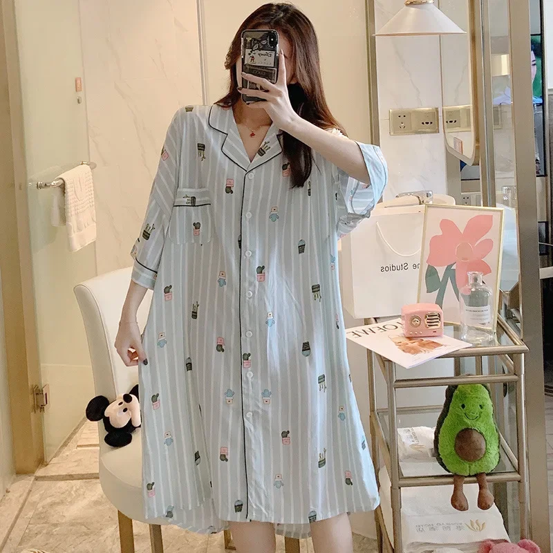 2022 New Summer Women Striped Nightgown Cotton Sleep Shirt Sleepwear Printed Night Dress Plus Size Nightwear Loose Lingerie Robe