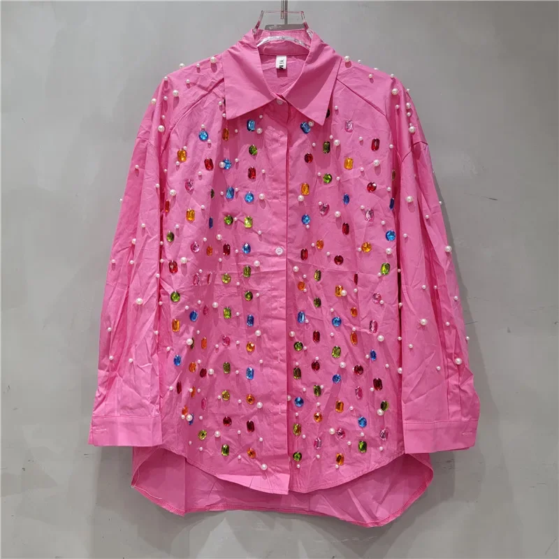 Donna 2025 Primavera Nuova Moda Top Delicate Perline Colorate Diamanti Camicie da Donna Allentato Comfort Medio Lungo Tendenza Camicia Casual