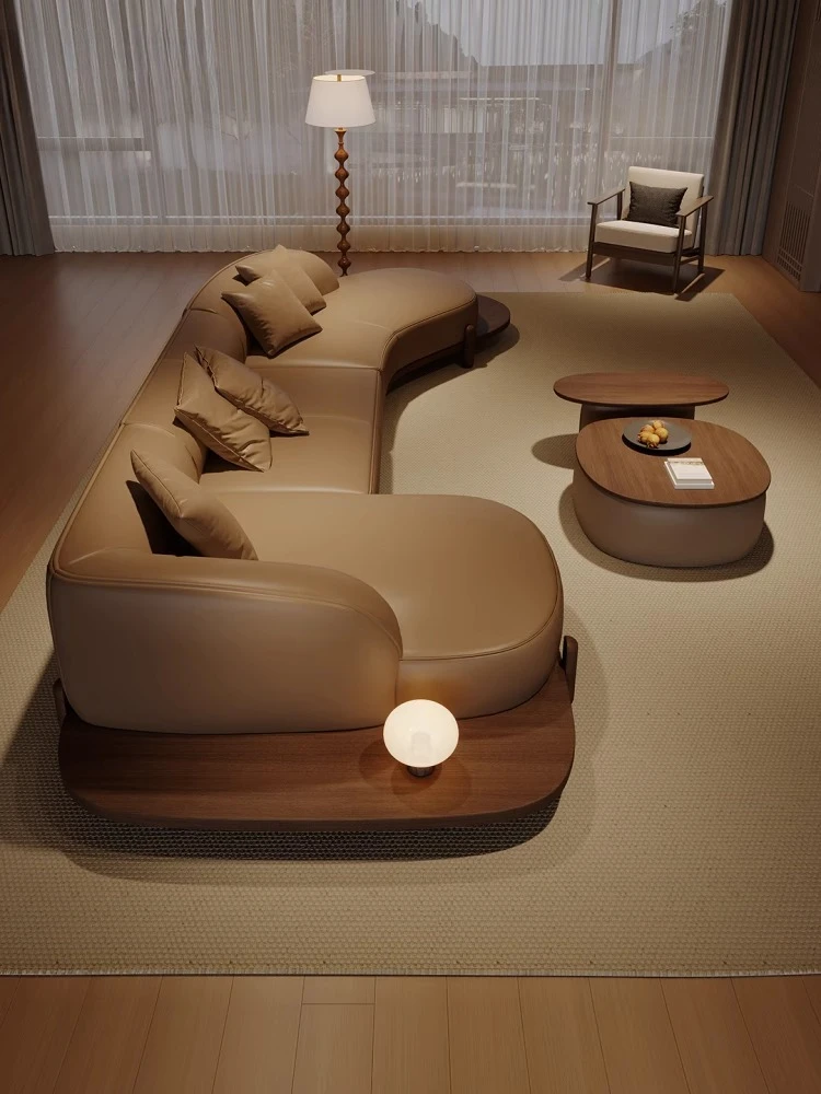 

High-end light luxury special-shaped sofa, walnut-colored floor, genuine leather, minimalist medieval style large flat-floor vil