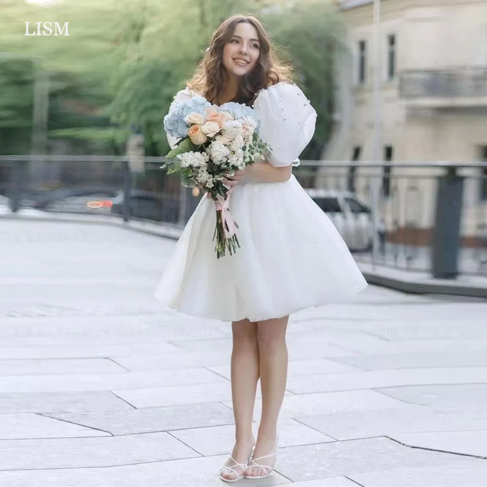 

LISM Sexy Pearls Mini A-Line Wedding Dresses Square Collar Short Bridal Gowns Formal Occasion Event Dresses Birthday Party Dress