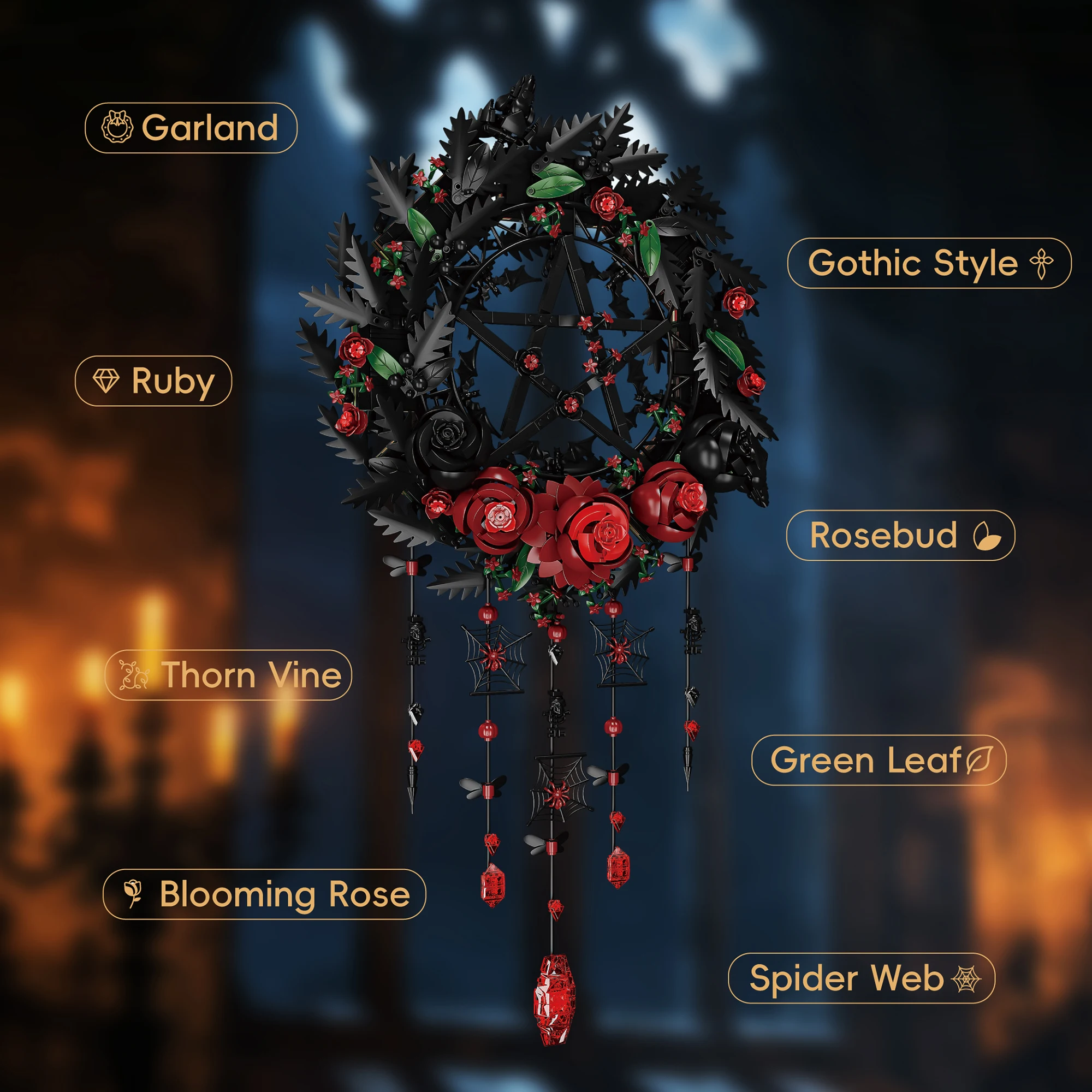 

Rose wreath, dark gothic style series, living room decorative hanging, MOC building blocks toys, assembly toys, birthday gift.