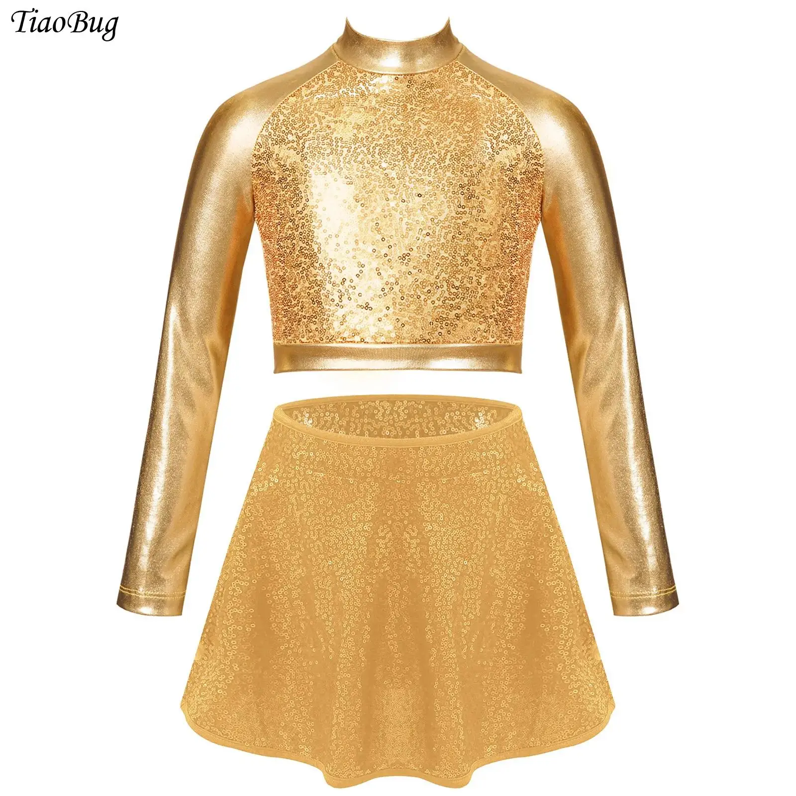

Kids Girls Jazz Latin Dance Costumes Shoolgirls Cheerleading Uniform Long Sleeve Shiny Sequins Crop Top+Skirt Outfit Streetwear
