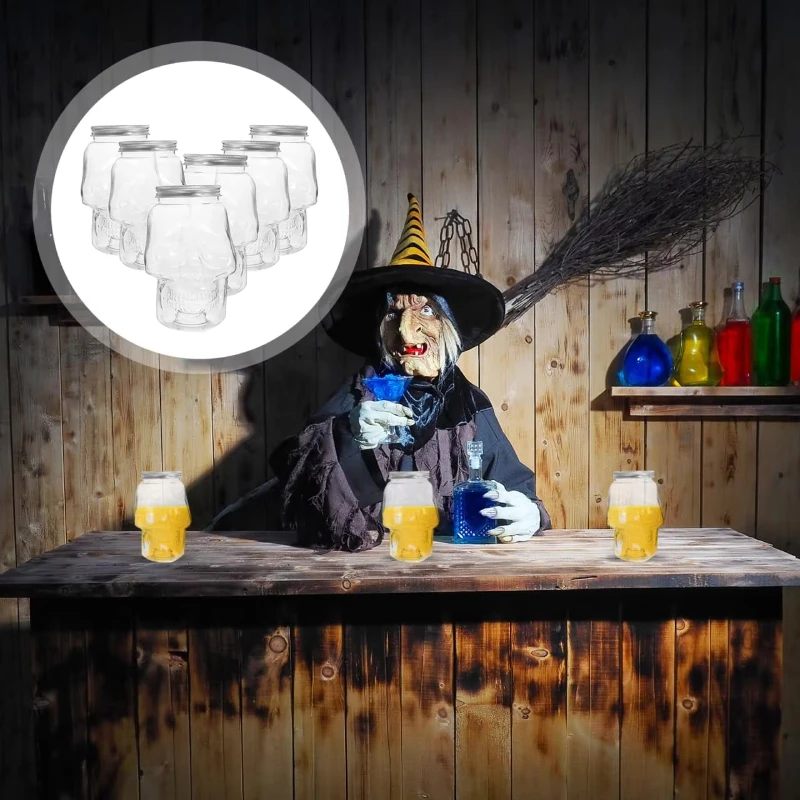 Botella de leche reutilizable con calavera de Halloween, con agujero para beber jugo pequeño, tarro de Mason, botella multifunci