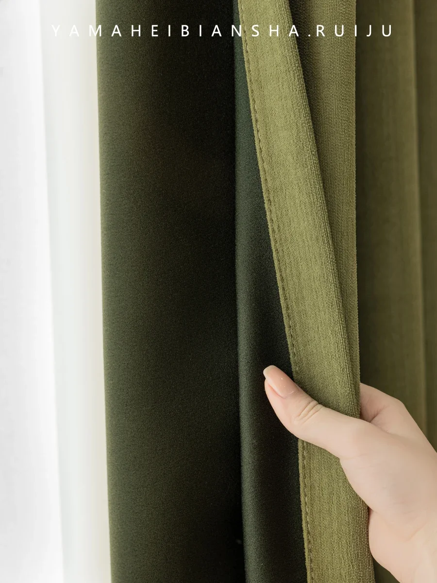 Custom Retro Olive Green Jacquard Velvet Thickened Blackout Curtains for Living Room Bedroom French Window Balcony Partition