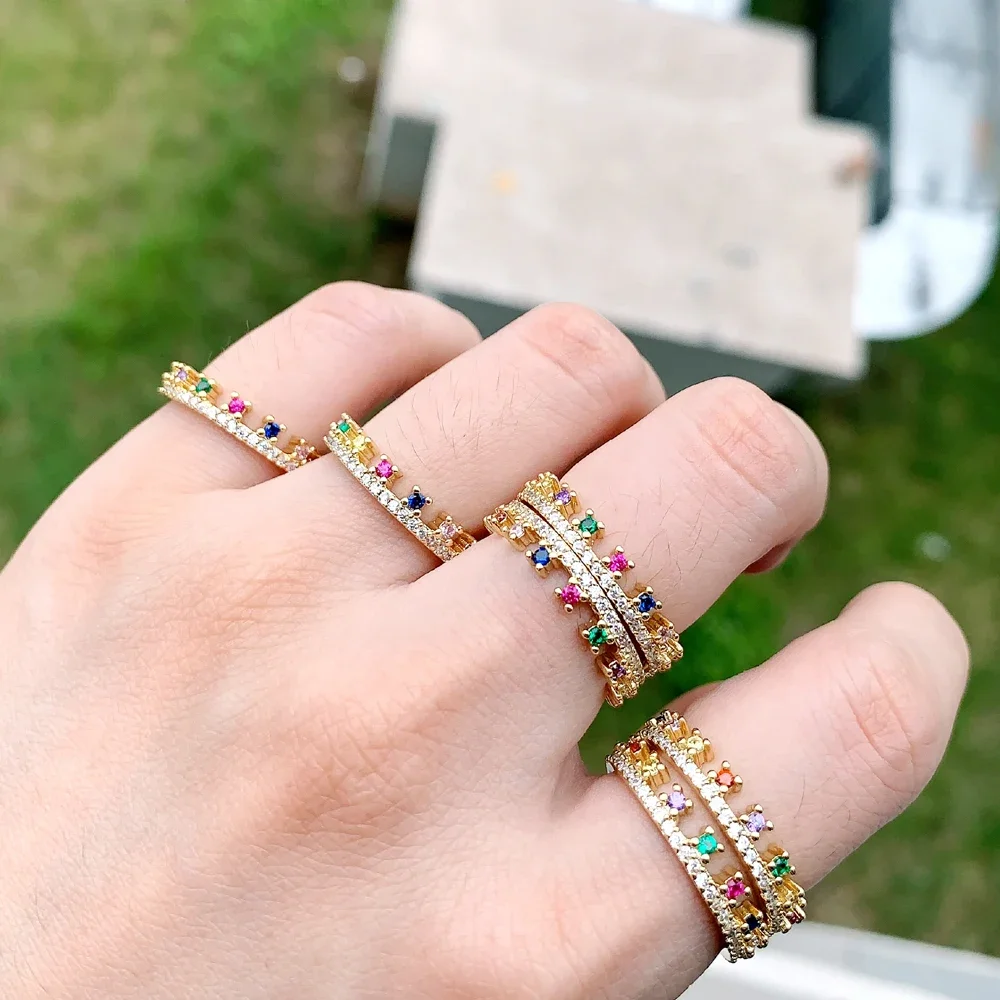 New gift minimal delicate jewelry rainbow colorful cz eternity band crown shape stacking engagement thin lovely ring