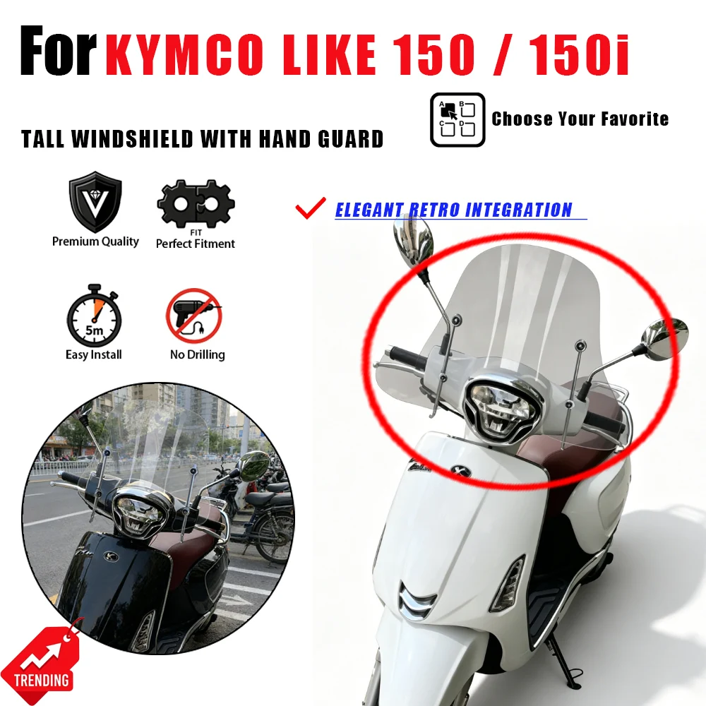 Parabrisas Modificado y Elevado con Protector de Manos para Kymco Like 150, Accesorios para Moto, Paramani
