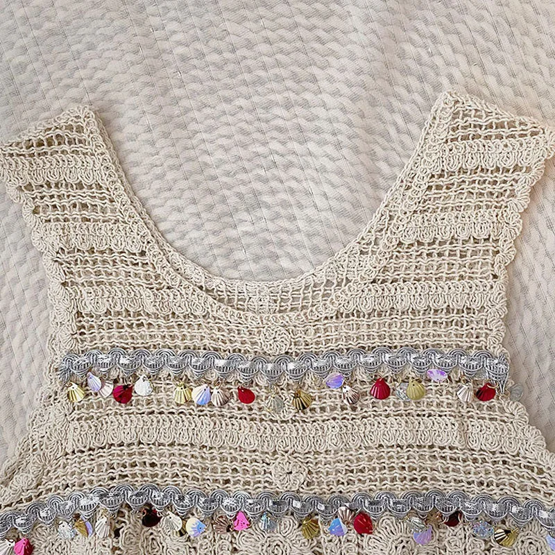 Boring Honey Round Collar Sleeveless Summer Clothes For Women Hollow Out Pearl Tassel Tank Top Retro Fashion Short Crop Tops