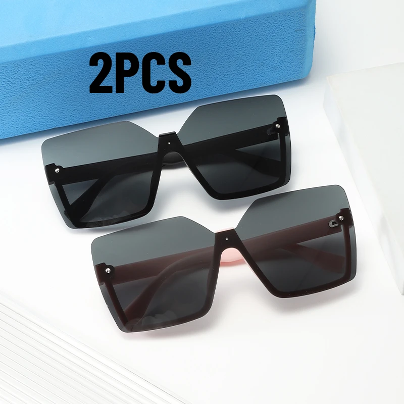 

2PCS New Square Rimless Cut Edge Sunglasses Women Men Punk One Piece Sun Glasses Ladies Round Face UV400 Trends Outdoor Eyewear