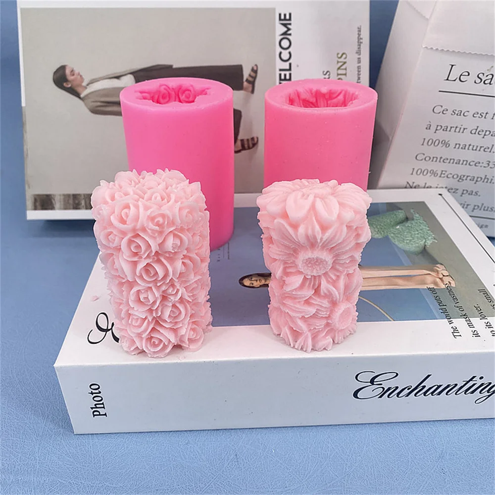 3D Butterfly Heart Rose Carving Cylinder Silicone Candle Mold Handmade Flower Relief Craft Plaster Resin Mould Soap Making Tools