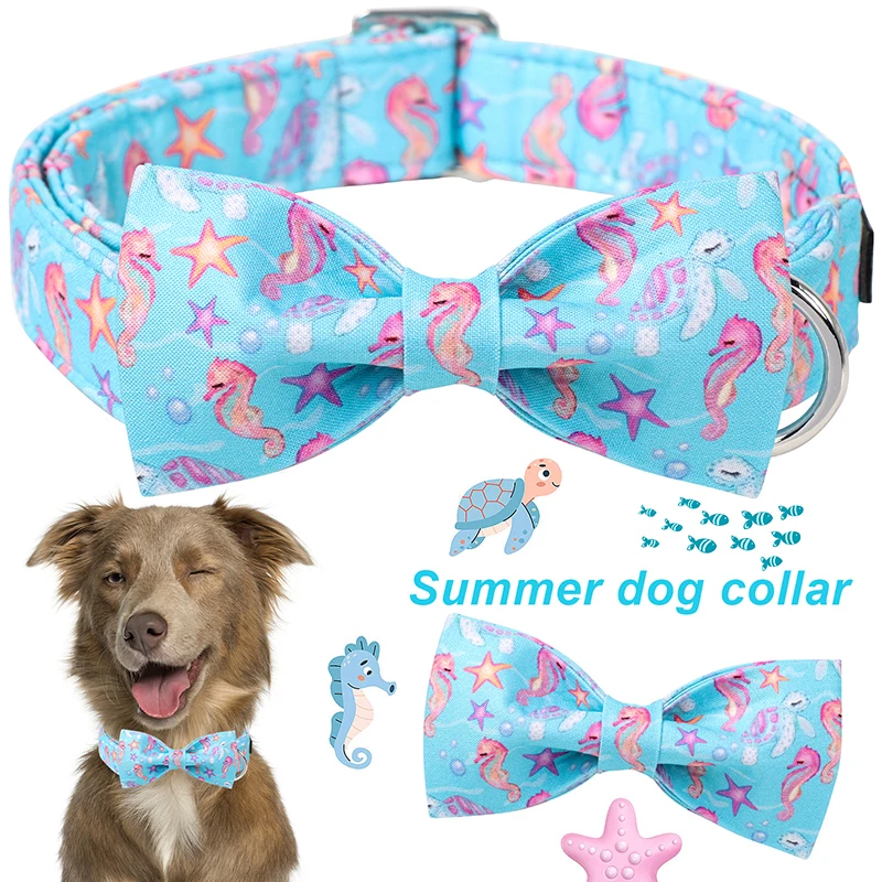 Summer Dog Collar-Cute Blue Dog Collar with Bow, Adjustable Seahorse Turtle Dog Collar Puppy Collars with Metal Buckle