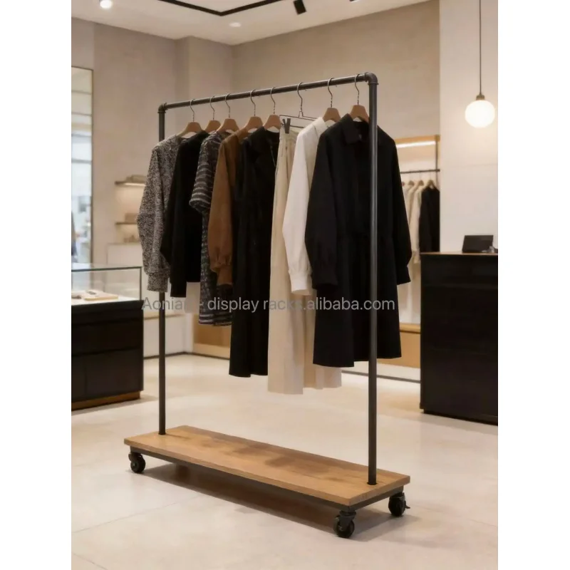 custom.Black Iron Floor-standing Clothes Hanger Women's Clothing Display Rack with Shelves and Wheels